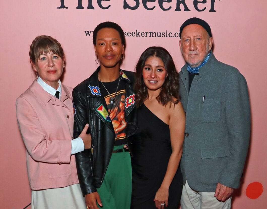 LONDON, ENGLAND - NOVEMBER 06: (L to R) Rachel Fuller, Nakhane aka Nakhane Touré, Sunidhi Chauhan and Pete Townshend attend 'The Seeker' in Concert post-show reception at Theatre Royal Drury Lane on November 6, 2024 in London, England.